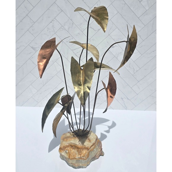 Unbranded Other - Vintage MCM Brutalist Brass Copper Leaf Sculpture Onyx Stone Base Signed 17"